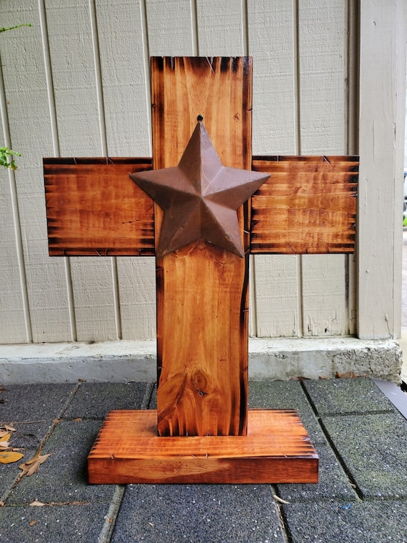 Wooden Cross With Star | Cross With Base | Cross With Star | Stand Up Cross | Fireplace Cross | Table Cross | Chunky Cross