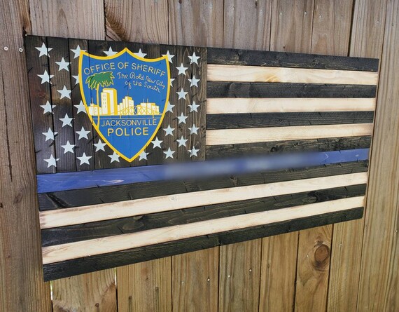 Thin Blue Line Rustic American Flag with Painted Jacksonville Sheriff's Office Patch