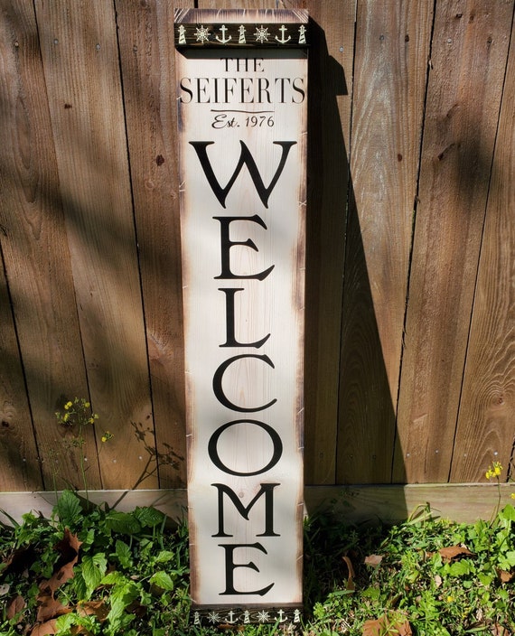 Porch Welcome Sign | Vertical Wooden Sign | Personalized Welcome Sign | Customizable Welcome Sign | White w/ Black Letter | Nautical Decor