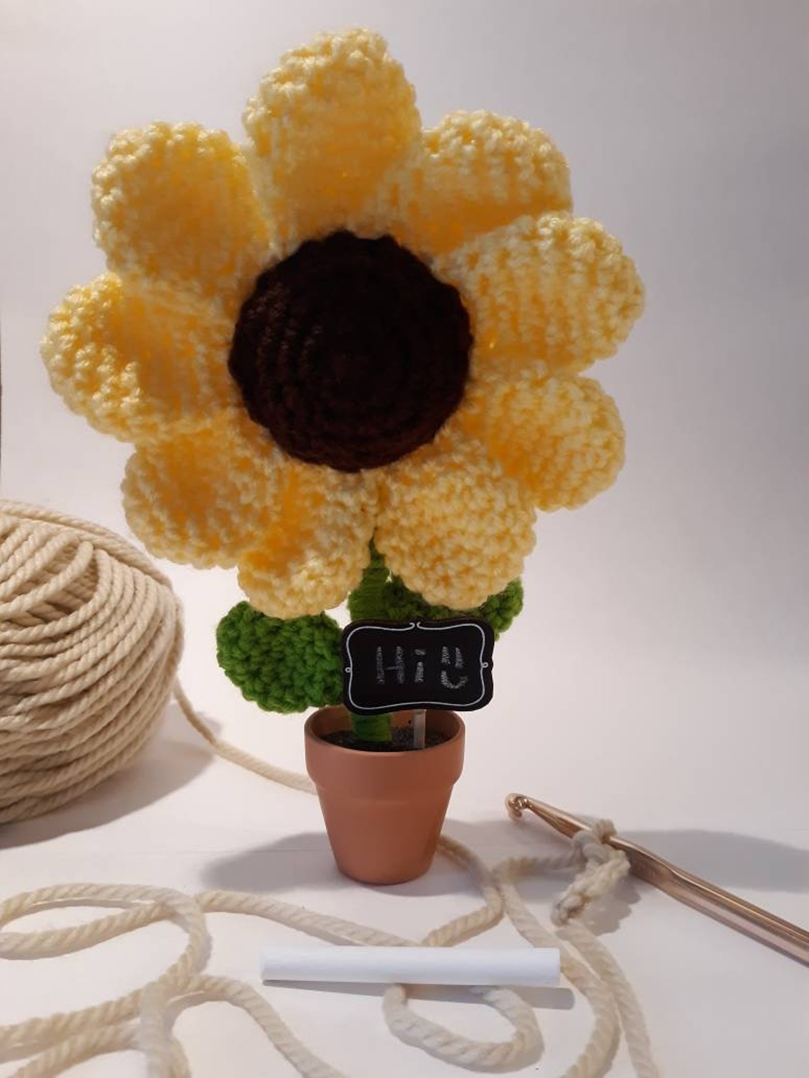 Handmade Crochet Sunflower/heart Potted Plant, Cute Crochet Potted