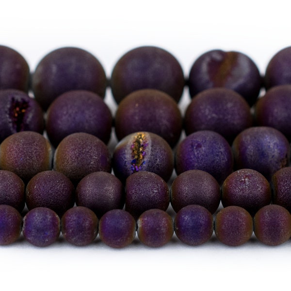 Purple Druzy Agate Beads: Full Strand, Electroplated Round Matte Gemstone Beads 6mm 8mm 10mm 12mm 14mm, Wholesale Pricing, Ships from USA!