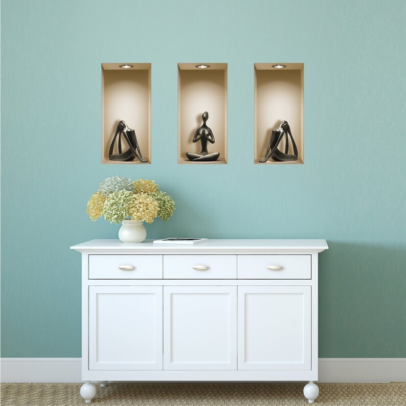 FREE SHIPPING Set 3 Black Yoga Wall Sticker 3D Art Magic NICHE Picture Removable Vinyl Mural Home Decor Tile Decals trompe l/'oeil kitchen