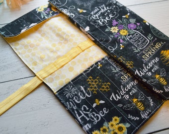 Sweet As Can Bee Brush Roll | Fabric Wrap, Brush Roll, Art Tool, Pencil Holder, Calligraphy Pen, Artist Gift, Travel, Art Supplies