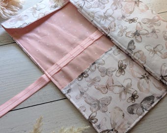 Pink Butterfly Floral Brush Roll | Fabric Wrap, Pencil Holder, Artist Gift, Travel, Art Supplies