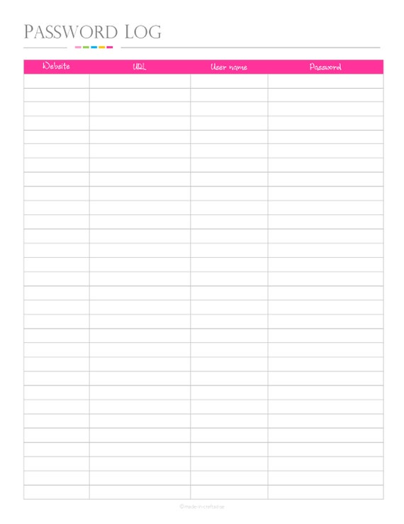 password log table format pdf planner websites password etsy password log