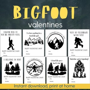 Kartki walentynkowe z Wielką Stopą dla dzieci. Pobierz i wydrukuj zestaw 8 kartek szkolnych z motywem kryptydów.