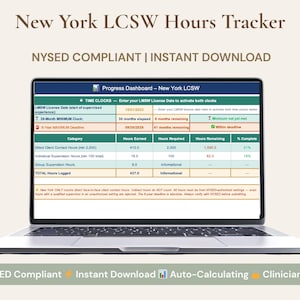 May include: A laptop displaying a New York LCSW Hours Tracker. The screen shows a progress dashboard with categories like Direct Client Contact Hours and Group Supervision Hours. Text includes "NYSED COMPLIANT" and "INSTANT DOWNLOAD".