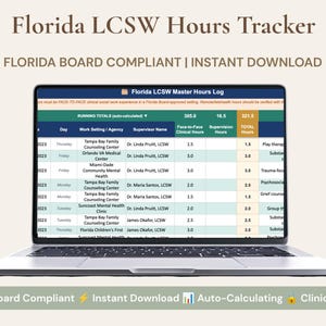 May include: A laptop displays a spreadsheet titled "Florida LCSW Master Hours Log." The screen shows a table with columns for day, work setting, supervisor, and hours. Text at the top reads "Florida LCSW Hours Tracker." The laptop is labeled "FL Board Compliant | Instant Download."