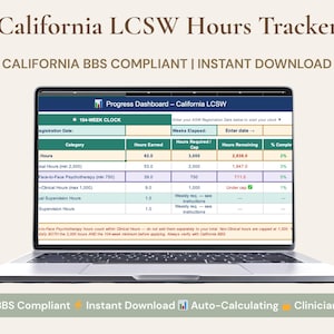 May include: A laptop displays a spreadsheet titled "California LCSW Hours Tracker." The screen shows a progress dashboard with categories like "Hours" and "Face-to-face Psychotherapy." Text includes "CA BBS Compliant" and "Instant Download."