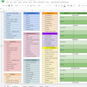 Family Packing List, Camping Packing List, Travel List, Digital Google Template, Editable, Checklist, Meal Planner