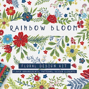 May include: A floral design kit with a white background, featuring colorful flowers in red, blue, and yellow. The text "RAINBOW BLOOM" is displayed above the floral arrangements. The kit includes flower arrangements, patterns, and design elements.