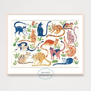 Cats Party Art Print, Printable Gouache Illustration Wall Decor, Kids Room Wall Art, Nursery Room Poster. Cat Lover Decor