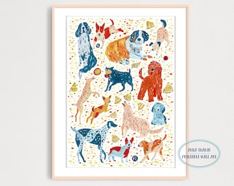 Puede incluir: Una impresión enmarcada con una colorida ilustración de varias razas de perros. La obra de arte muestra perros en diferentes poses y colores, sobre un fondo de puntos amarillos y rojos. El nombre del artista y "Printable Wall Art" están en la esquina inferior derecha.
