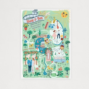 Op de afbeelding: Een eigenzinnige, ge&iuml;llustreerde trouwkaart met een groene achtergrond, met een bloemen-chuppah, een fontein van liefde, een koi-vijver, een dansvloer, een gastenboek, een fotohokje, een pizza-kraam voor laat in de avond en een vintage VW-fotobus. De kaart bevat de tekst "Shay & Ben" en "April 13th 2024".