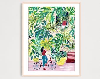 DIGITAL Woman with Bicycle Watching Green Plants Art Print, Gouache Illustration, Plant Power Wall Decor