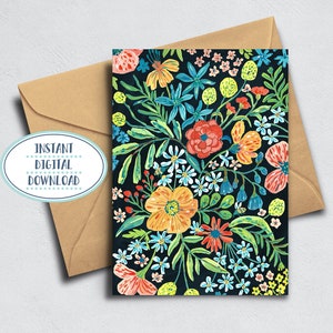 Carte de vœux imprimable de bouquet de fleurs sauvages, illustration de gouache, carte de vœux florale vierge, carte de vœux d’anniversaire