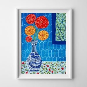 Dahlia Art Print, Floral Wall Art, Dahlia in Vase, Gouashe Painting image 3