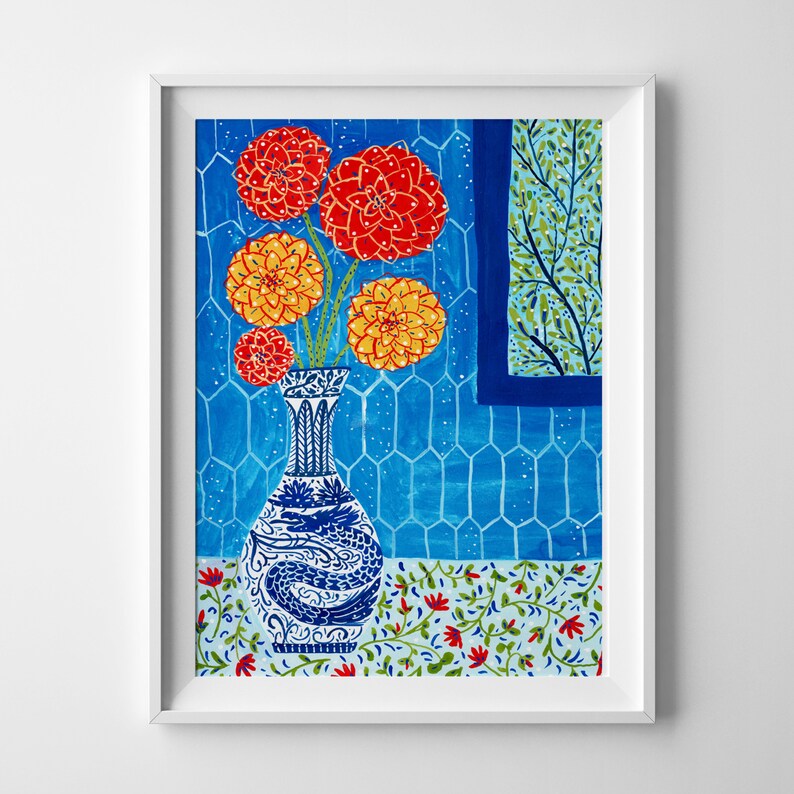 Dahlia Art Print, Floral Wall Art, Dahlia in Vase, Gouashe Painting image 3