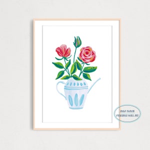 Bouquet of Red Roses Flowers in Watering Can Art Print, Printable Wall Art, Farmhouse Wall Decor, Gouache Illustration
