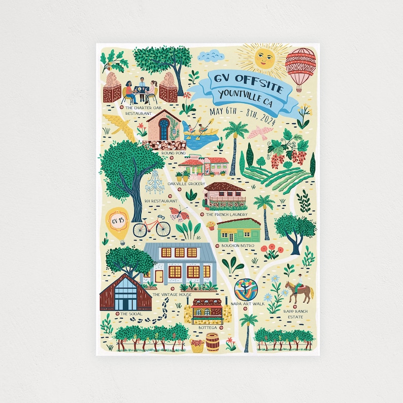 Op de afbeelding: Een kleurrijke ge&iuml;llustreerde kaart van Yountville, Californi&euml;, met de tekst "GV Offsite Yountville CA May 6th - 8th, 2024". De kaart toont verschillende bezienswaardigheden en bedrijven, waaronder The French Laundry, Bouchon Bistro en The Charter Oak Restaurant.