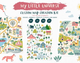 My Little Universe - Clip Art Map Creation Kit - Afdrukbare kunst - Muurkunst - City Map Creator - Kinderkunst