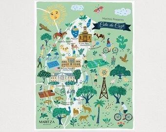 Puede incluir: Un mapa ilustrado colorido de la comunidad de Coto de Caza, California. El mapa presenta puntos de referencia, puntos de interés y actividades. El mapa está rodeado por un borde verde e incluye el texto "Maritza Presents Coto de Caza".