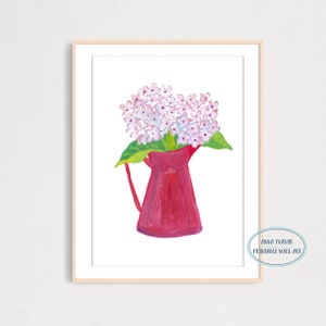 Bouquet of Hydrangea Flowers in Watering Can Art Print, Printable Wall Art, Farmhouse Wall Decor, Gouache Illustration