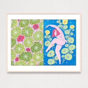 ART PRINT Dancing Beauty Woman with flowers, Gouache Art Print, Woman Power