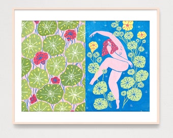 ART PRINT Dancing Beauty Woman with flowers, Gouache Art Print, Woman Power