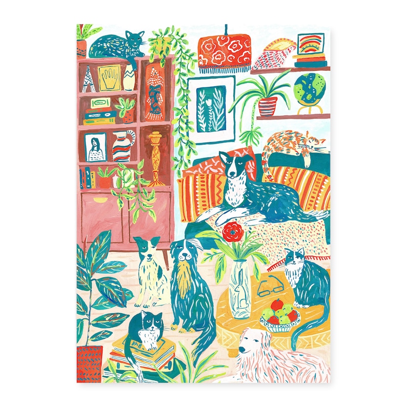 ART PRINT Dogs and Cats in a Room Interior Illustration Art Print, Dog lover, Cat lover, Kids Room Decor image 3