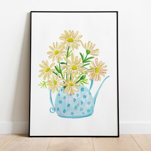 May include: A blue and white polka dot watering can with a bouquet of white daisies with yellow centers.