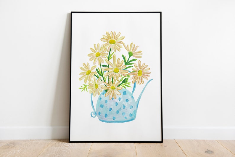 May include: A blue and white polka dot watering can with a bouquet of white daisies with yellow centers.