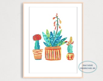 Colorful Succulent Art Print, Printable Digital Download, Gouache Illustration, Plant Poster, Nursery Decor, House Plant Art Print