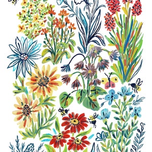 Pu&ograve; includere: Un dipinto ad acquerello di un arrangiamento floreale colorato con api. I fiori sono in tonalit&agrave; di rosso, giallo, blu e verde. Le api sono gialle e nere.
