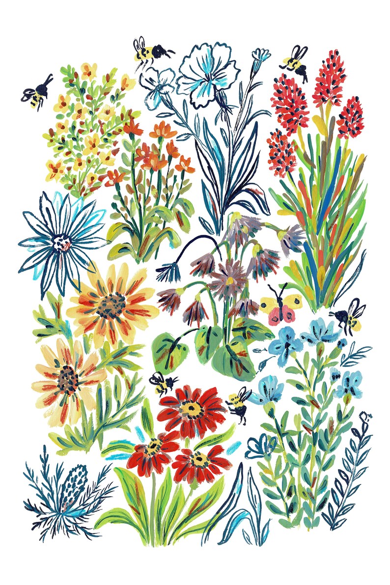 Pu&ograve; includere: Un dipinto ad acquerello di un arrangiamento floreale colorato con api. I fiori sono in tonalit&agrave; di rosso, giallo, blu e verde. Le api sono gialle e nere.