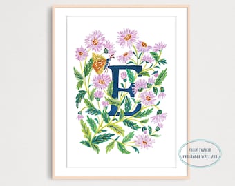 Letter E Flowers and Butterfly Art Print, Printable Momogram Wall Decor, Letter M Poster, Letter M Artwork Decor, Gouache Illustration