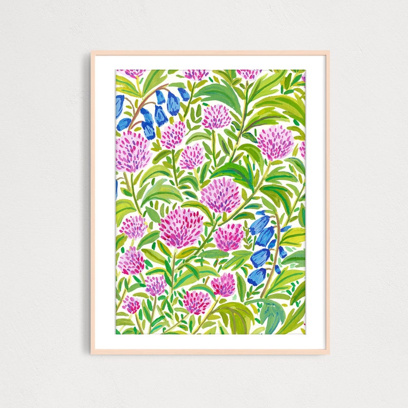 DIGITAL Pink Flowers Field Art Print, Printable Digital Download, Gouache Illustration, Home Decor Poster, Floral Art Print image 1