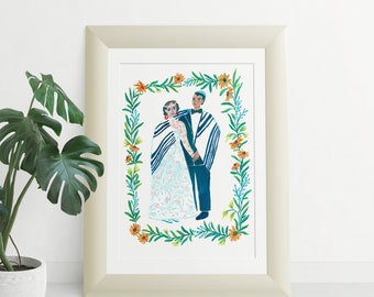 Jewish Couple in Traditional Wedding Dresses Art Print, Engagement Gift, Couple Portrait, Bridal Wall Art, Printable Digital Wall Decor