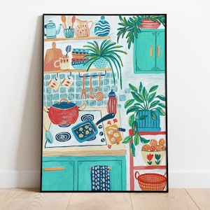 Kitchen Interior Art Print, Cooking at Home Art Print, Printable Digital Download Art Print, , Gouache Illustration, Housewarming Painting image 6