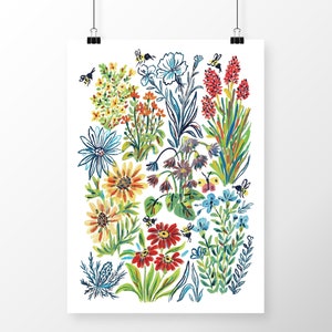 Pu&ograve; includere: Un'illustrazione colorata di un giardino con vari fiori, tra cui girasoli, fiori rossi, fiori blu e fiori gialli. Api e farfalle volano intorno ai fiori.