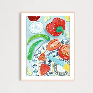 DIGITAL Kitchen Table With Tomato and Peppers Art Print, Printable Digital Download, Food Wall Decor, Kitchen Decor, Gouache Illustration