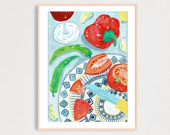 DIGITAL Kitchen Table With Tomato and Peppers Art Print, Printable Digital Download, Food Wall Decor, Kitchen Decor, Gouache Illustration