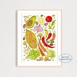 Colorful Healthy Vegetabkes Printable Art Print, Kitchen Wall Decor, Gouache Food Illustration Art Print