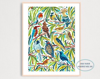 Kolorowe ptaki wydruki natury, ilustracja gwaszem natury, plakat do dekoracji domu, sztuka ścienna, sztuka do pokoju dziecięcego, do pobrania wydruk cyfrowy,