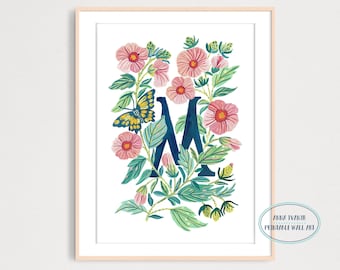DIGITAL Letter M Flowers and Butterfly Art Print, Printable Momogram Wall Decor, Letter M Poster, Letter M Artwork Decor