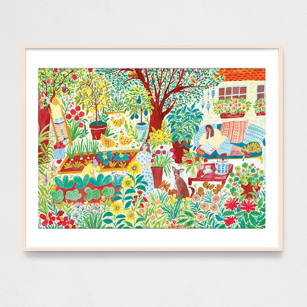 DIGITAL Summer Farm Garden Art Print, Printable Digital Ptint, Gouache Illustration, Housewarming Gift, Farmhouse Garden Poster