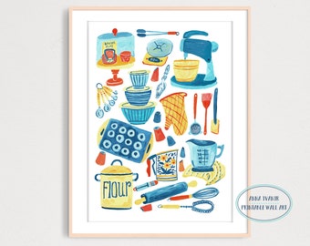 Baking Essentials Items Art Print, Printable Digital Download, Gouache Illustration, Kitchen Poster Decor