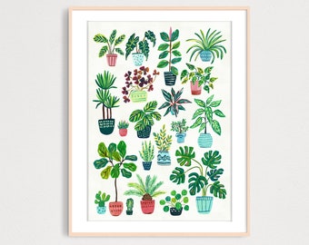 DIGITAL Green Plants Printable Art print, Plants Gouache Illustration, Botanical Art Decor, Housewarming Art