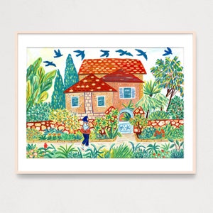 Woman Walking to Her House Art Print, Gouache Housewarming Gift Wall Decor, Printable Wall Decor