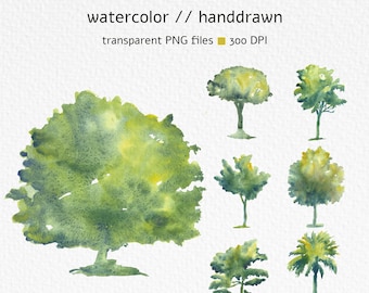 Watercolor Tree Clipart Set – 44 Hand Painted Green Trees PNG, Botanical Landscape Elements, Nature Digital Download, Instant Download